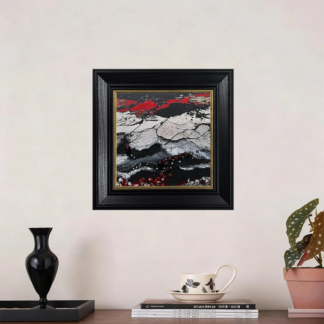 Contemporary wall décor with pearl inlay, displayed in a modern living room setting. Perfect for enhancing luxury interiors.