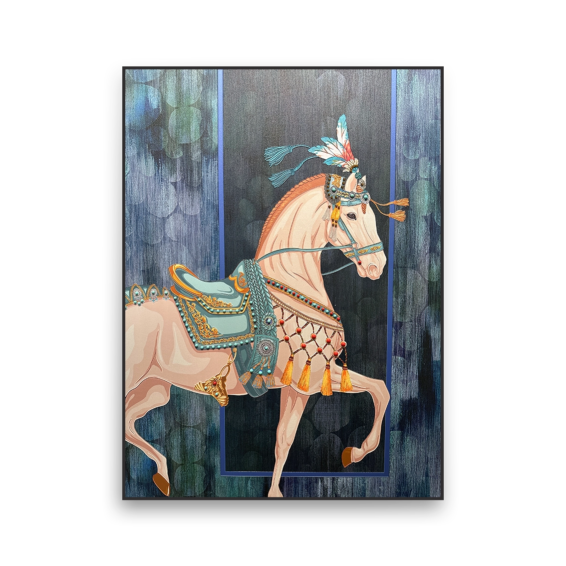 Decorative pearl horse wall art with heavy texture and boho style.