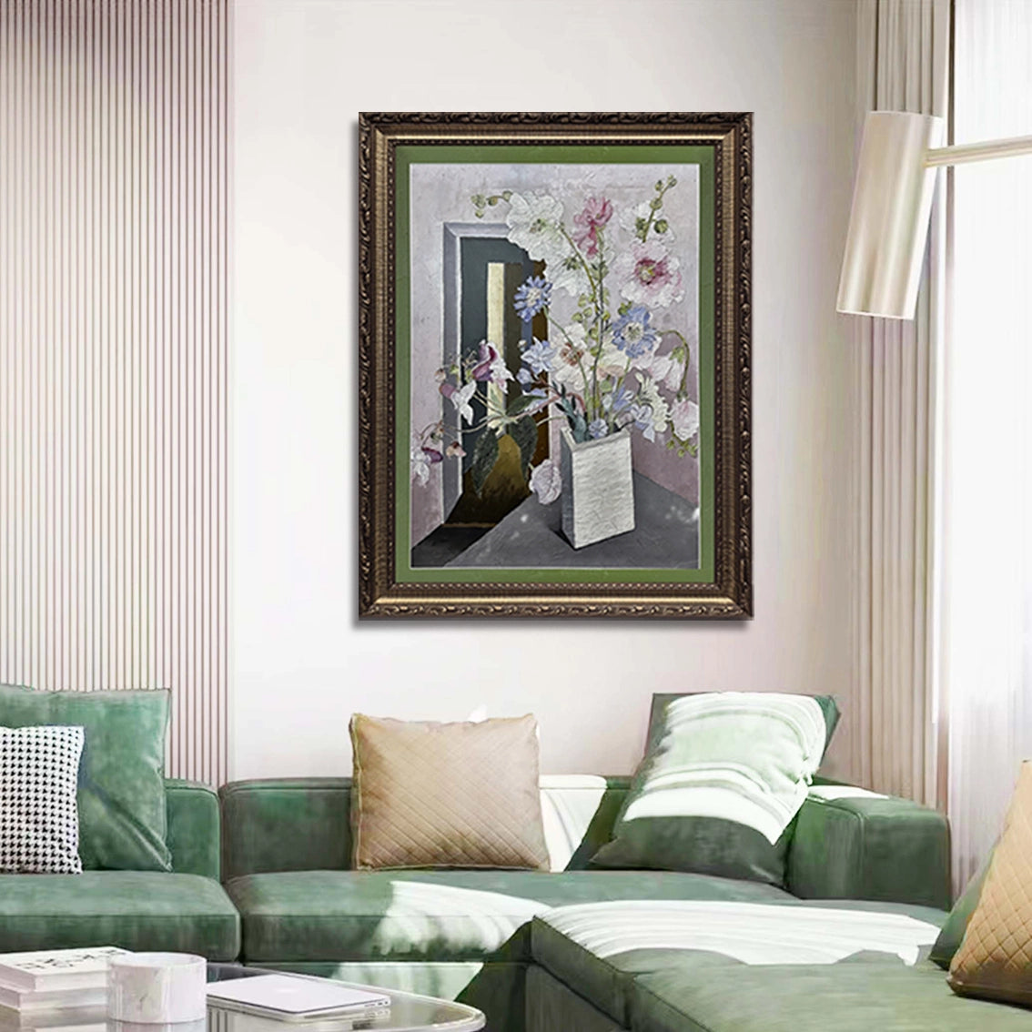 Floral textured wall art with diamond inlay brightening a stylish living room, modern wall decor.