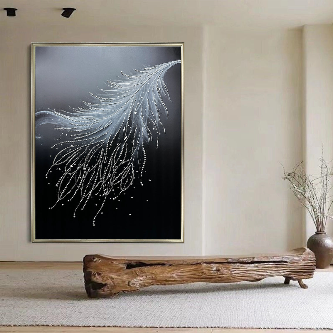 Elegant feather pearl diamond textured wall art bringing luxury style to contemporary living spaces