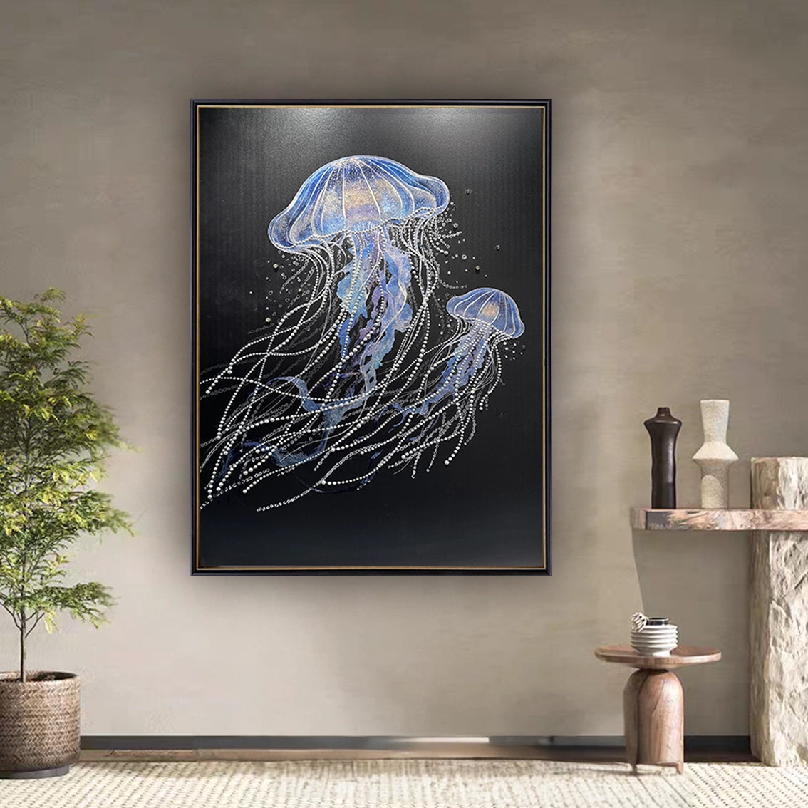 Elegant jellyfish wall art with pearl and diamond inlay, luxury wall decor ideal for contemporary living rooms.