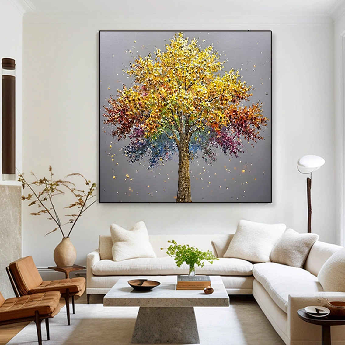Pearl-embellished heavy-texture tree wall art for modern home decor, adding elegance and visual depth.