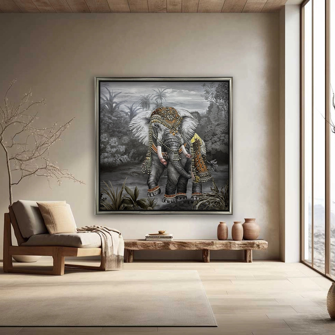 Elephant textured wall art with pearl and diamond inlay in a calm modern living room.