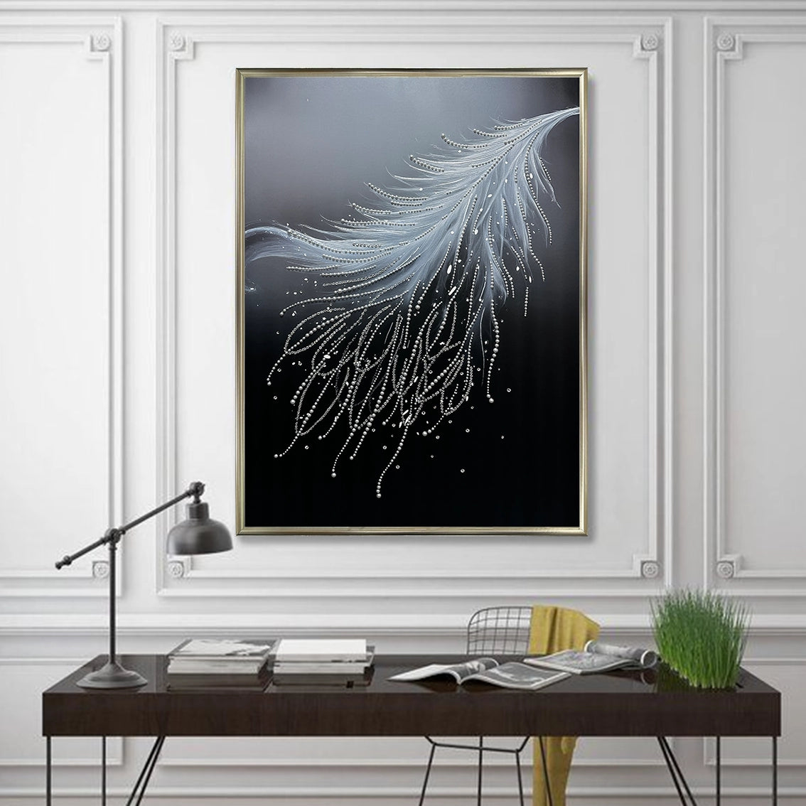 Modern feather pearl diamond textured wall art for home office, stylish wall decor for contemporary interiors
