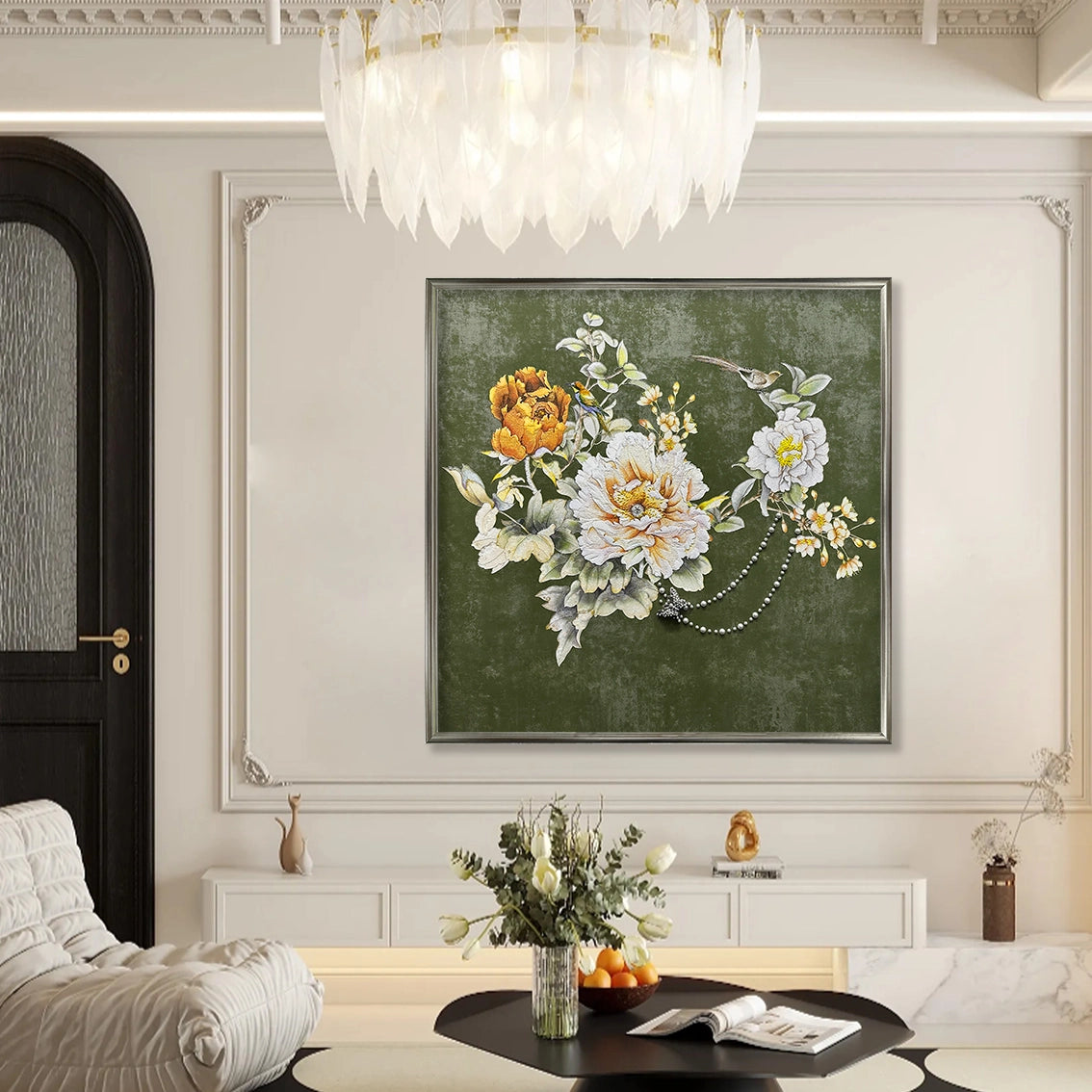 Elegant floral textured wall art with pearl inlay displayed in a modern living room interior.