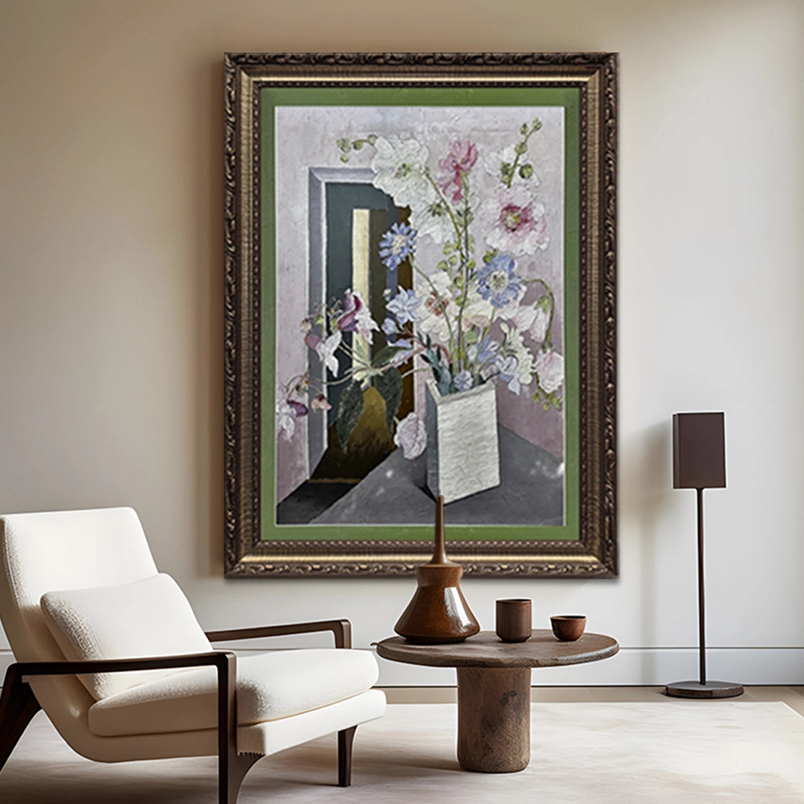 Floral textured wall art with diamond inlay displayed in a modern living room, elegant wall decor.