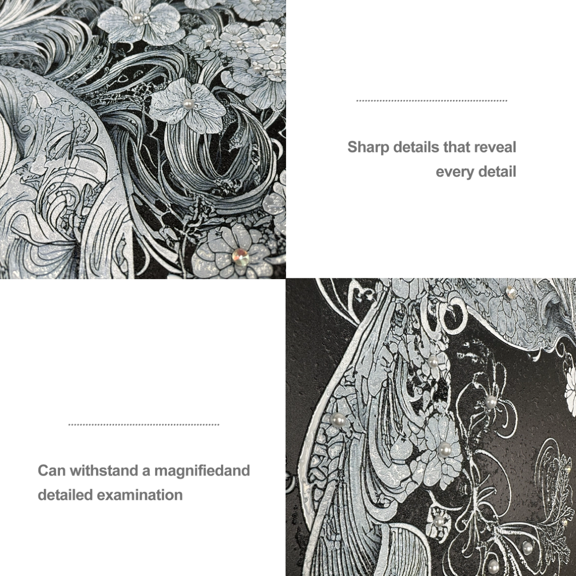 Close-up of floral textured horse wall art with diamond inlay showcasing fine handcrafted details.