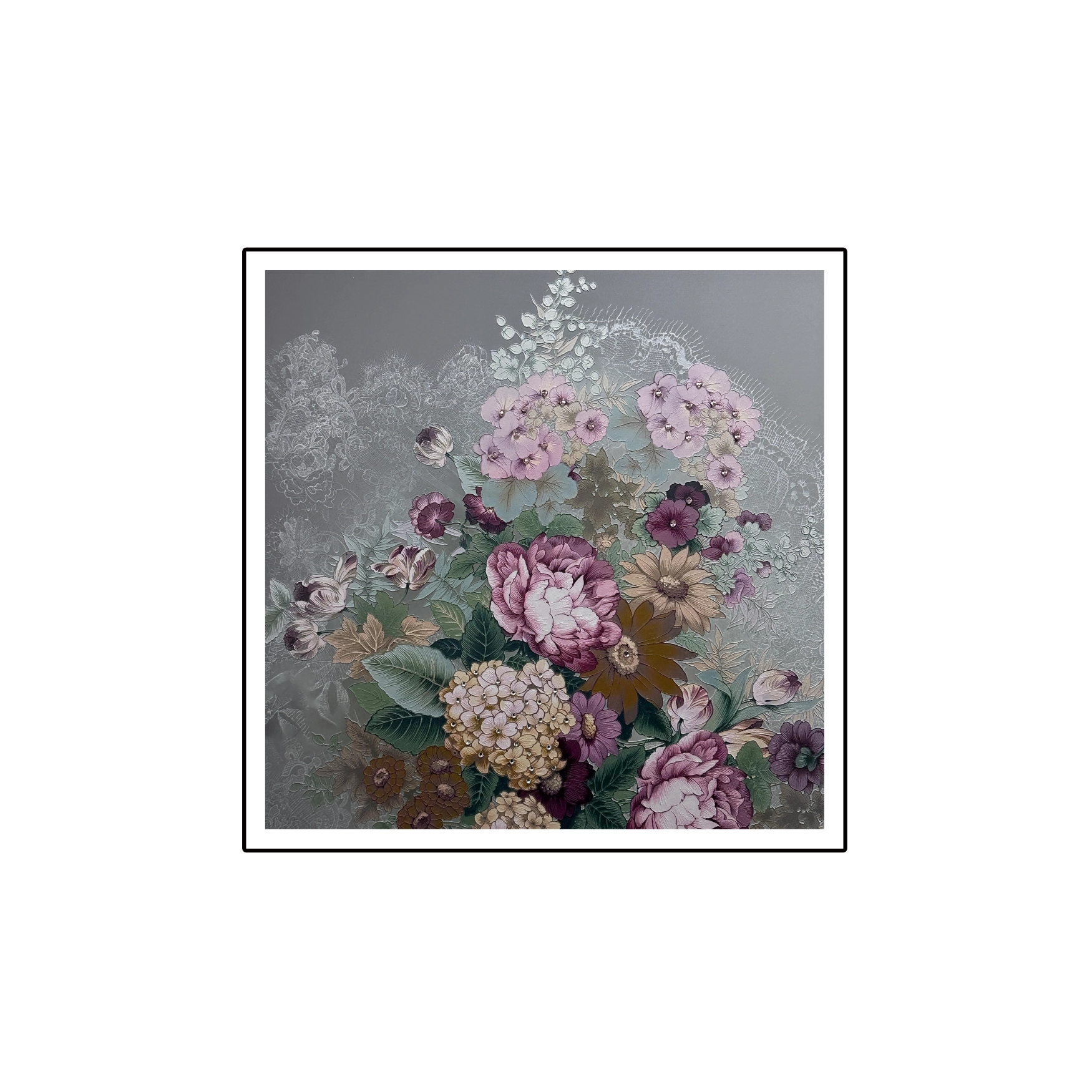 Floral textured wall art with diamond inlay shown as refined wall decor for modern living room or bedroom interiors.