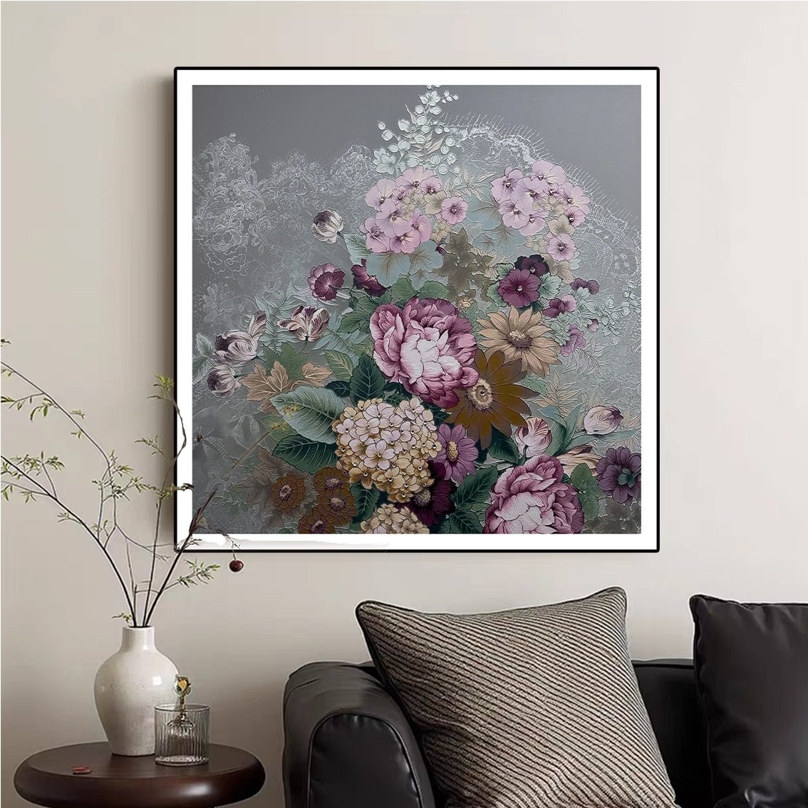 Modern floral wall art with textured diamond inlay displayed as refined wall decor above a sofa in a stylish living room.
