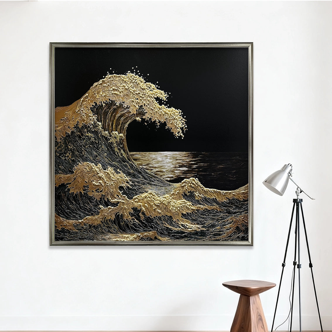 Gold wave textured wall art in modern living room, featuring heavy texture and pearl accents.