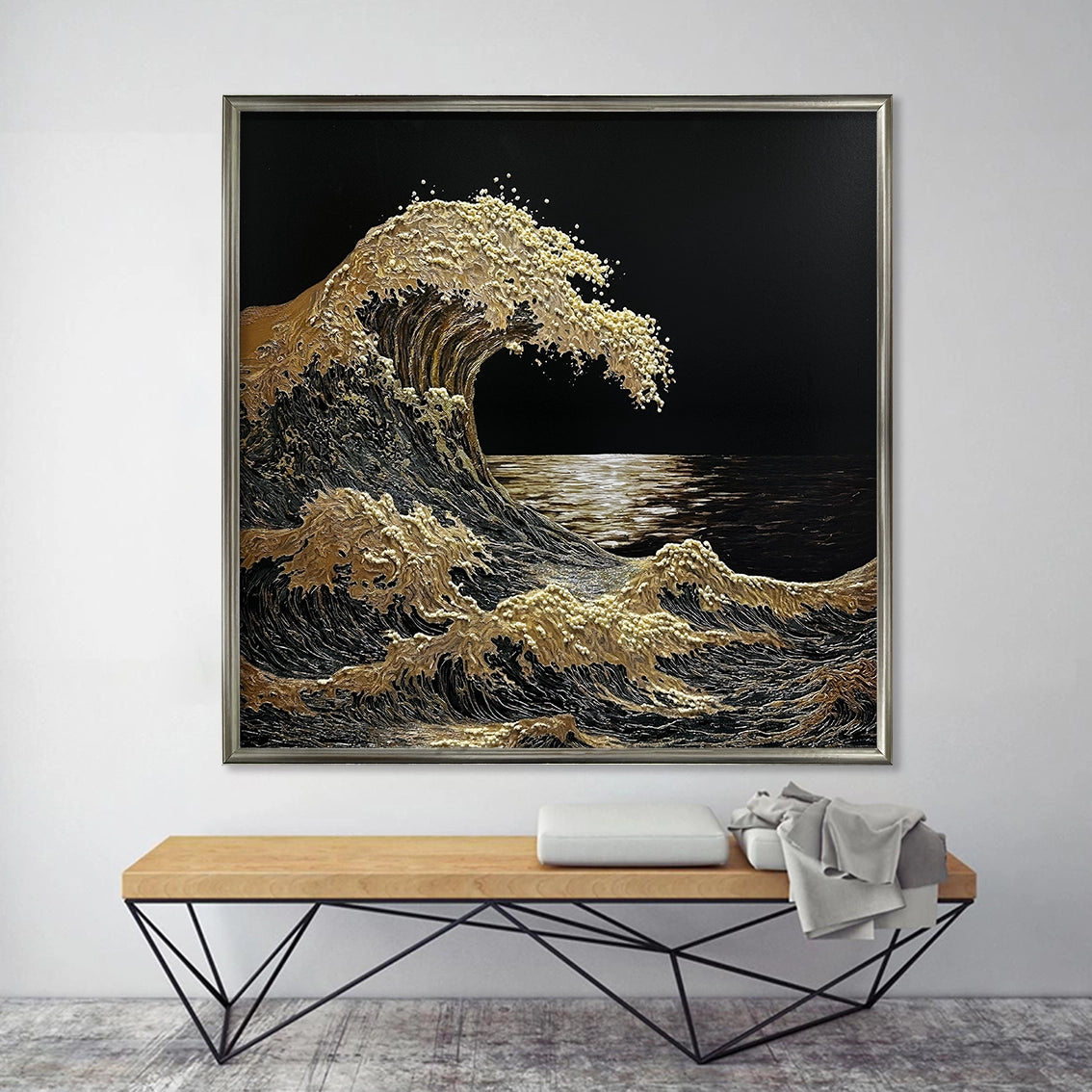 Luxury gold wave textured wall art with pearl inlay displayed in a modern hallway, enhancing elegant décor.