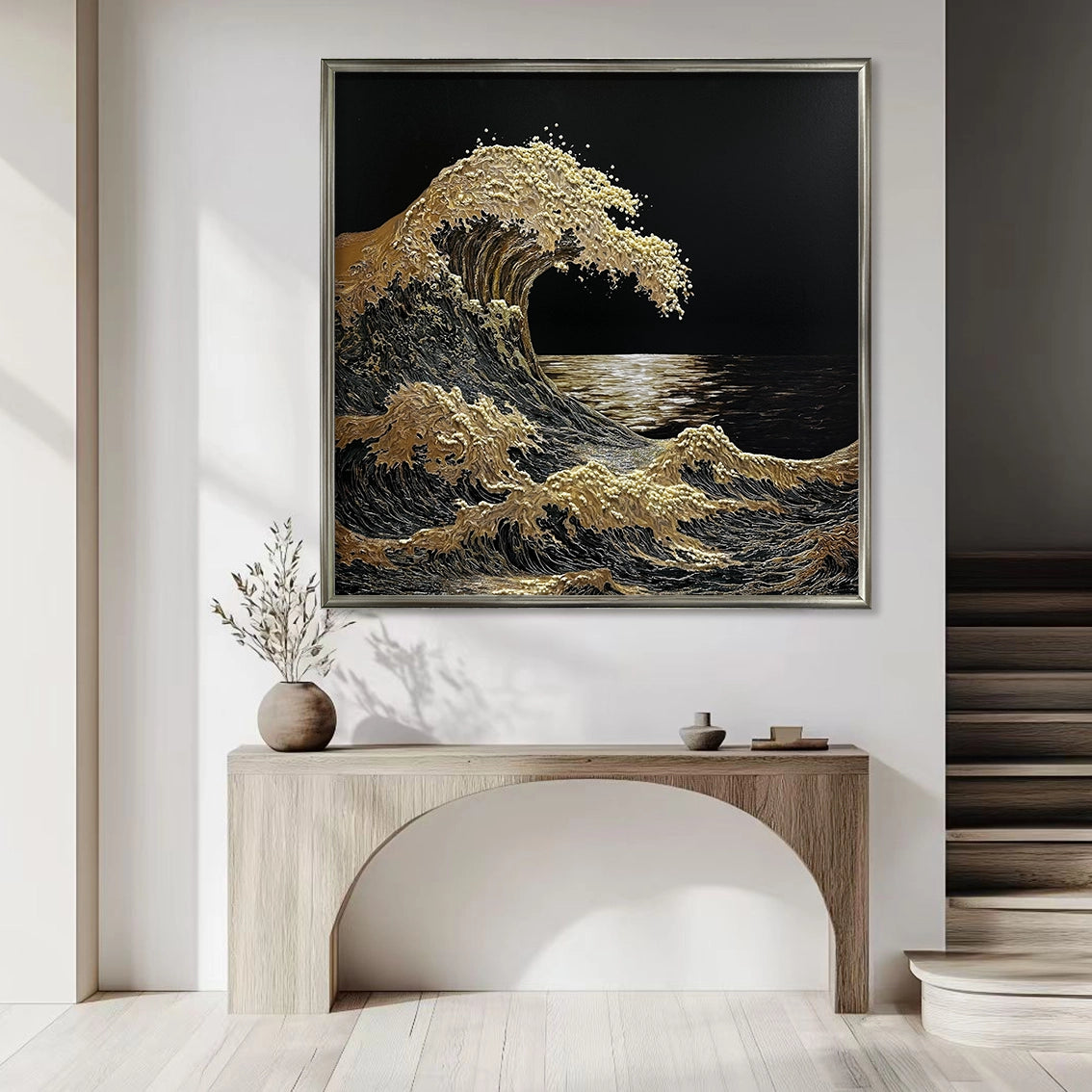 Modern gold wave textured wall art with pearl inlay shown in a bright entryway, perfect for luxury décor.