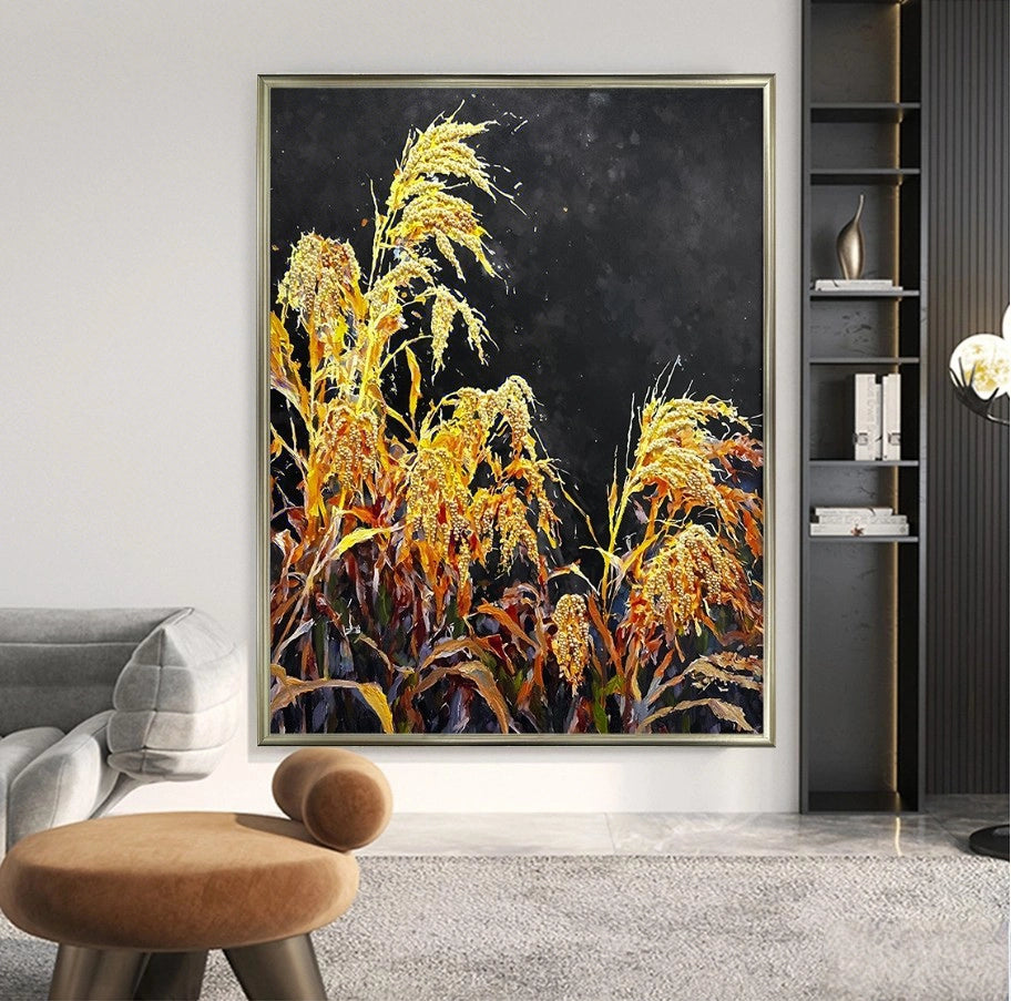 Golden grain pearl textured wall art in modern lounge, striking black background wall decor.