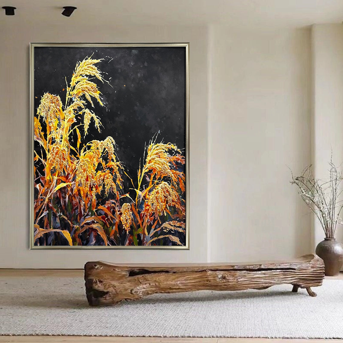 Artstellary golden grain pearl textured wall art in modern room, heavy texture décor accent.