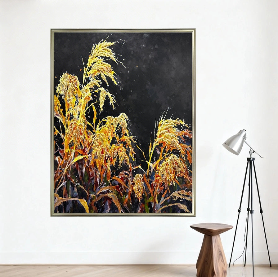 Tall golden grain textured wall art with pearl inlay on white wall, minimalist home decor.