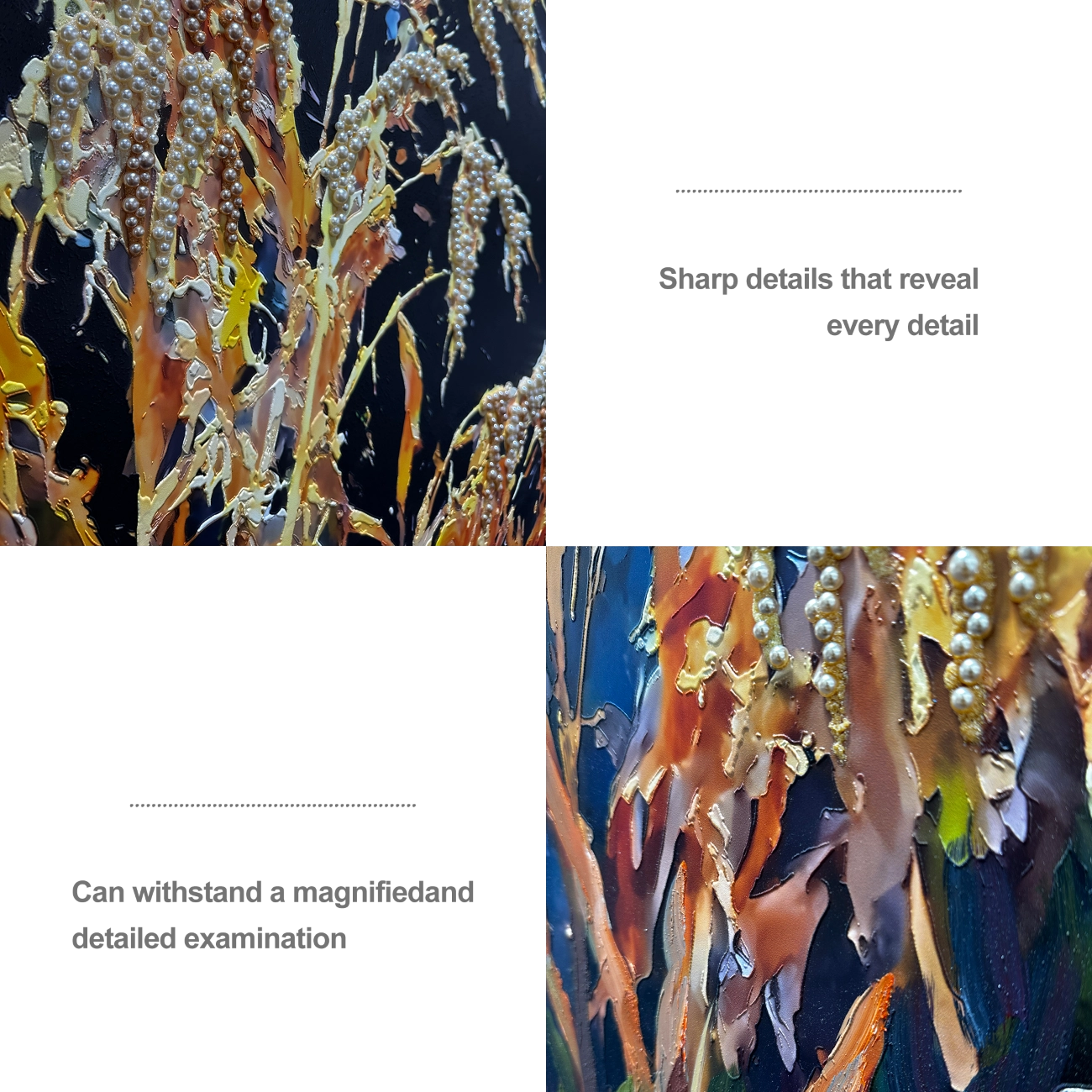 Artstellary pearl inlay and heavy textured details on golden grain wall art, luxury décor close-up.