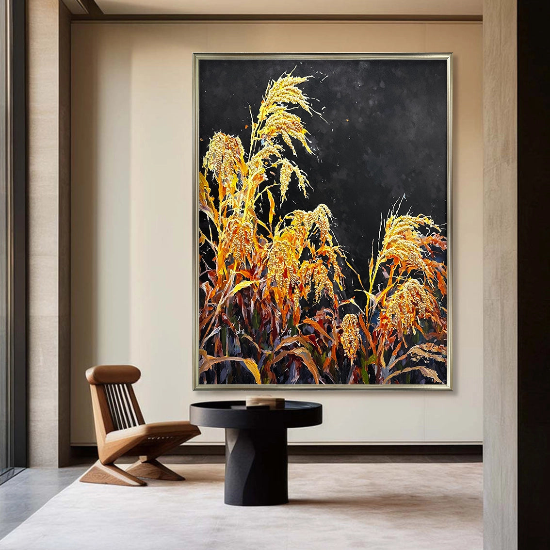 Golden textured millet wall art decor displayed in a modern living room interior.
