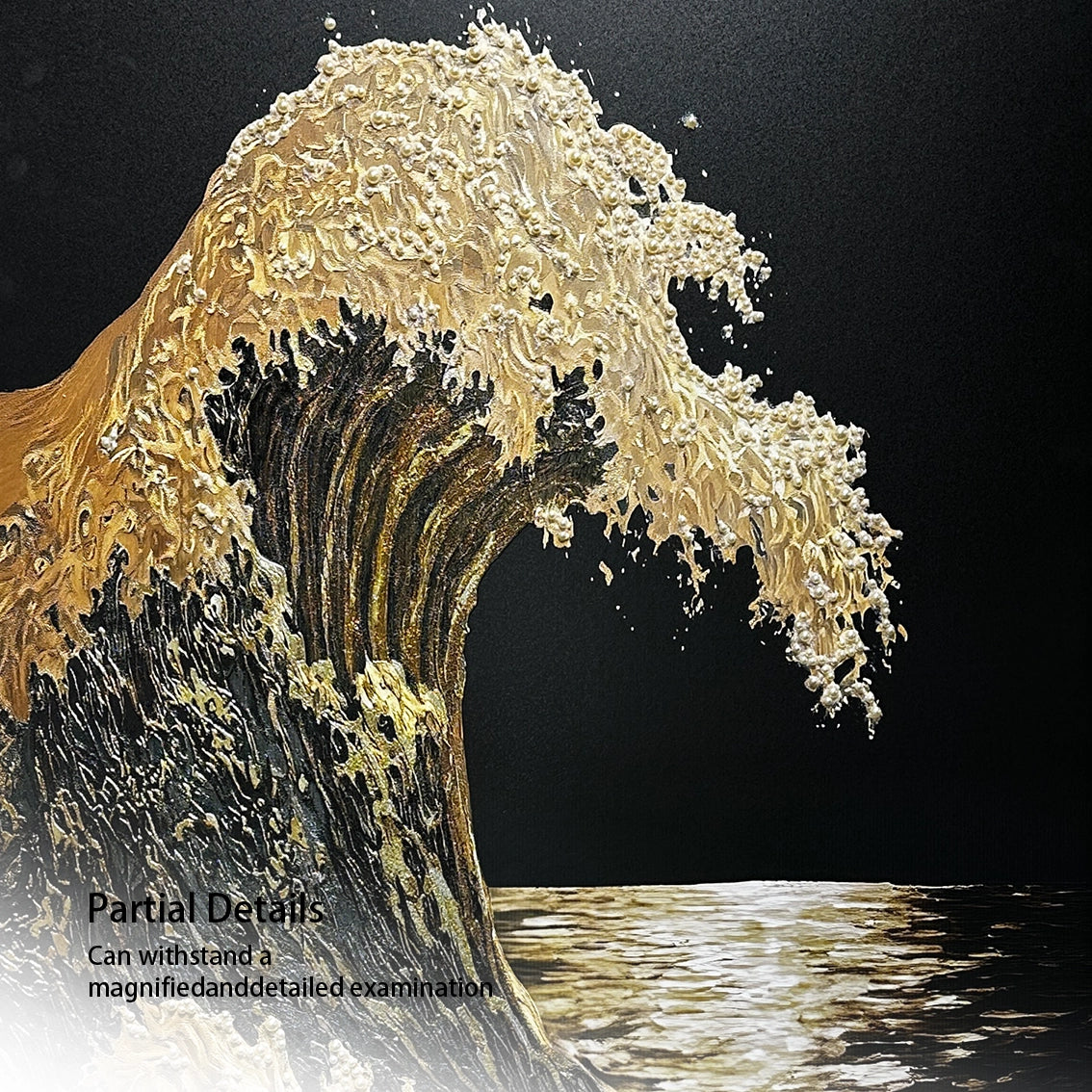 Close up of textured golden wave wall art with pearl inlay details.