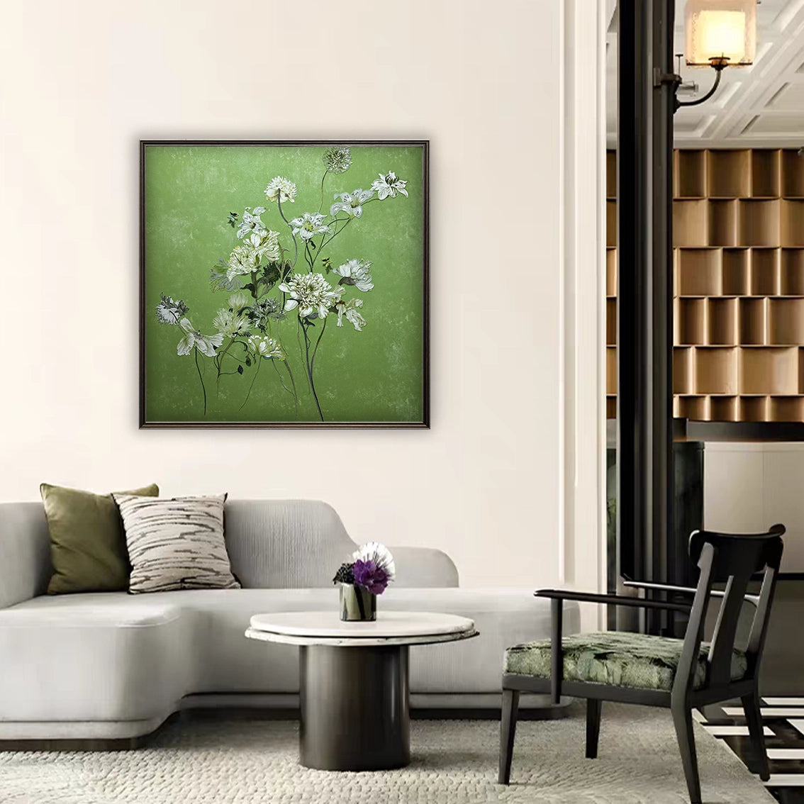 Green floral textured wall art with diamond inlay adding fresh decor to a modern living room.