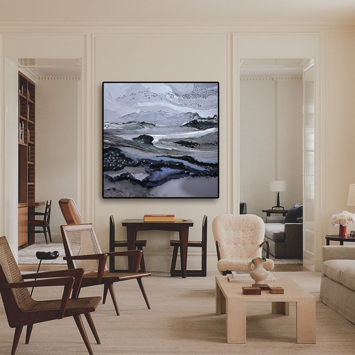 Abstract wall art with heavy texture and crystal inlay, adding modern decorative depth to the living room wall decor.