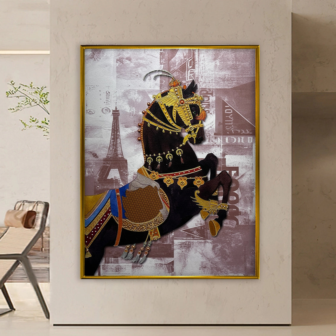 Elegant horse pearl-inlay wall art showcased in a stylish hallway, adding refined decorative appeal.