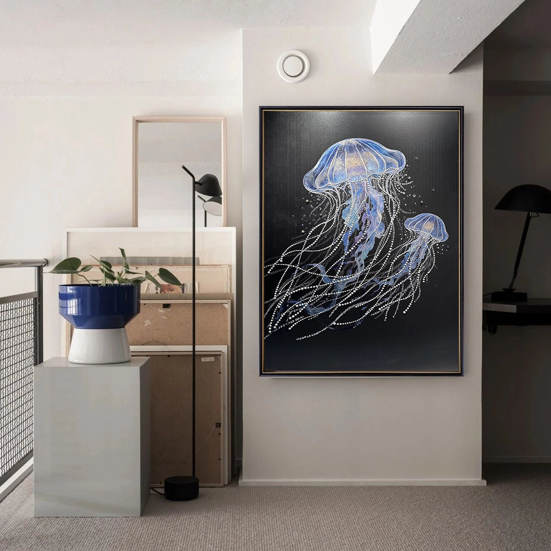 Jellyfish wall art featuring pearl and diamond inlay, stylish ocean decor for modern interiors.