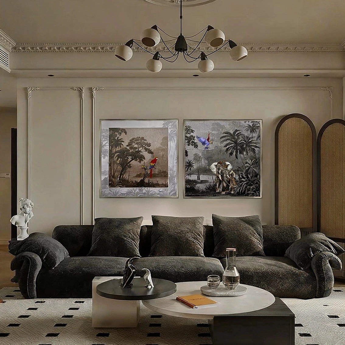 Pearl inlay jungle wall art set with parrot and elephant, modern living room decorative wall décor