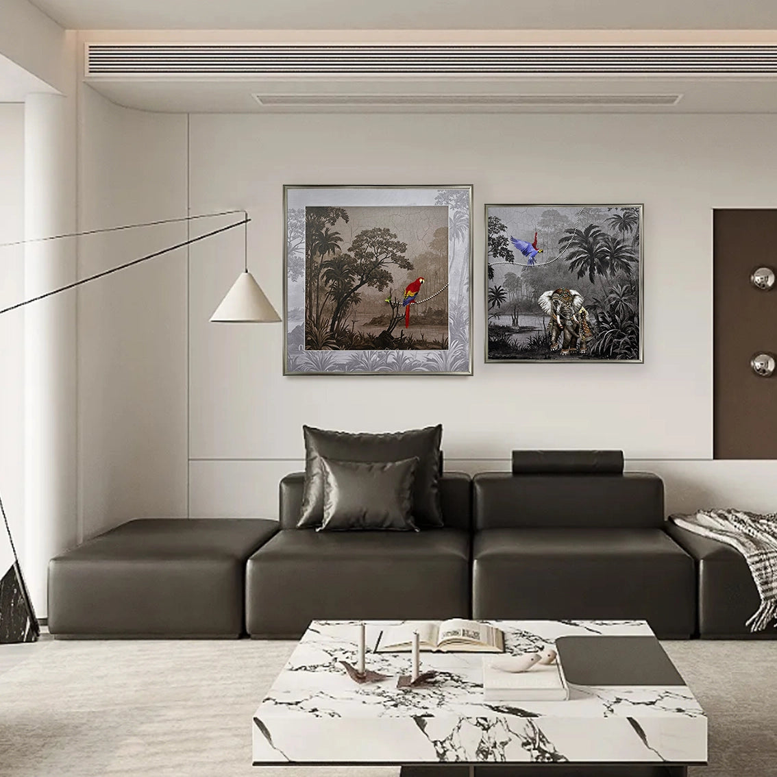 Jungle parrot and elephant wall art set with pearl inlay displayed in a modern living room decor.