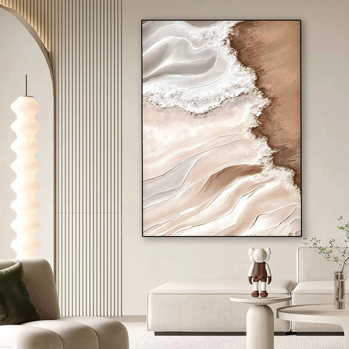 Large beige wave textured pearl wall art enhancing modern living room decor with soft neutral tones.
