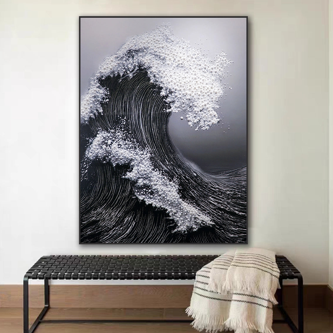Large black wave pearl wall art for stylish living room wall decor.