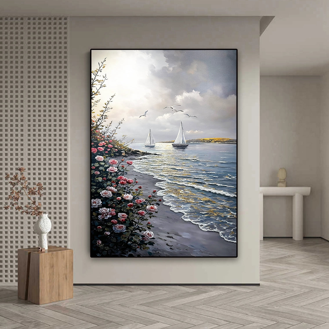 Large seaside floral textured wall art with pearl crystal inlay used as modern coastal living room wall decor.