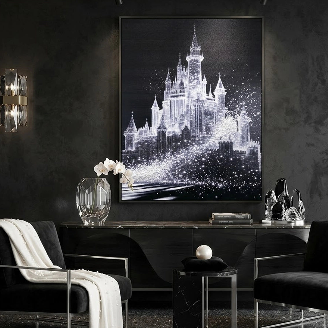 Large textured castle wall art for stylish living room wall decor.