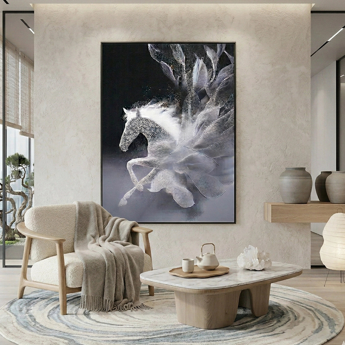Large textured horse wall art for bright living room wall decor.