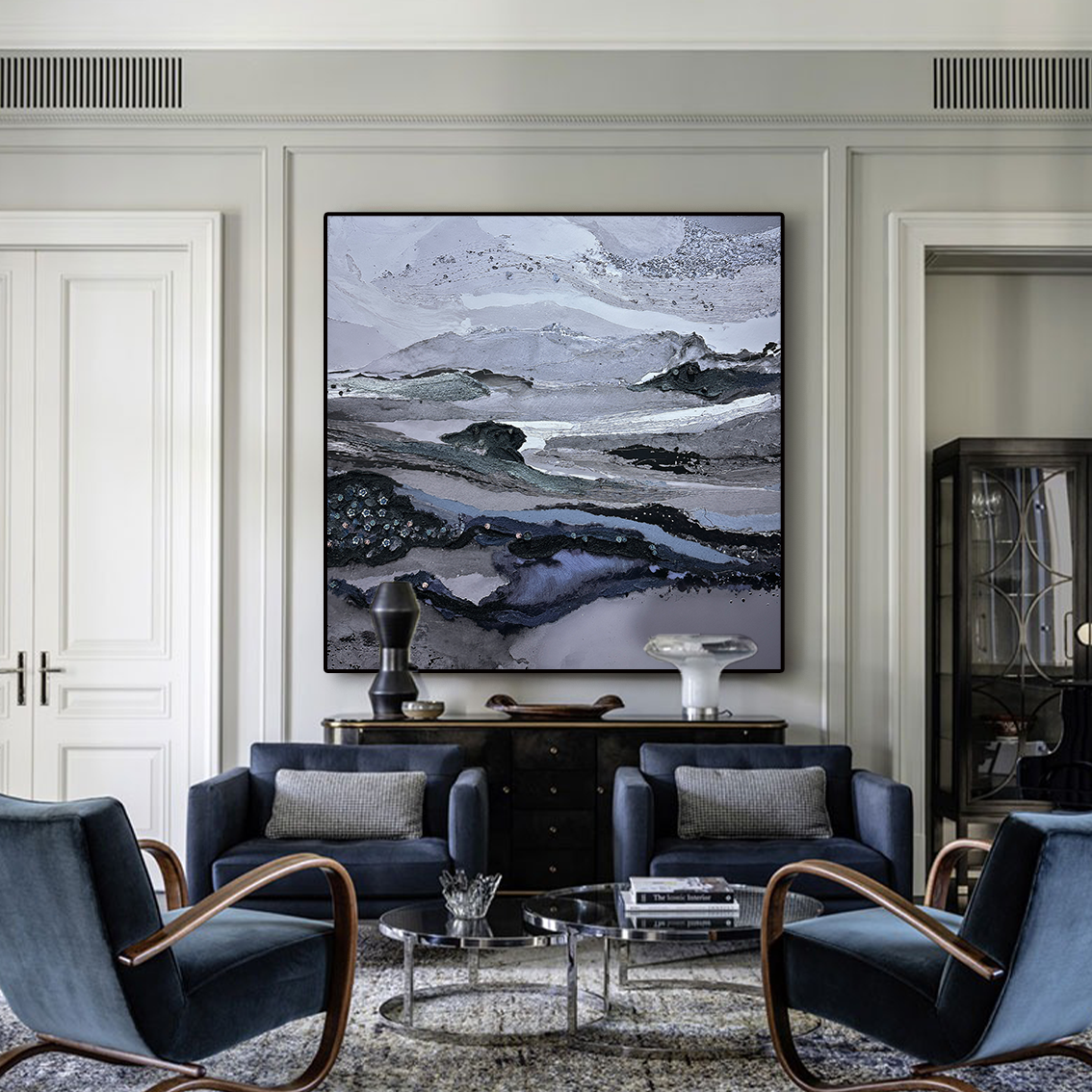 Abstract wall art with textured and crystal inlay details, creating refined wall decor for contemporary living rooms.