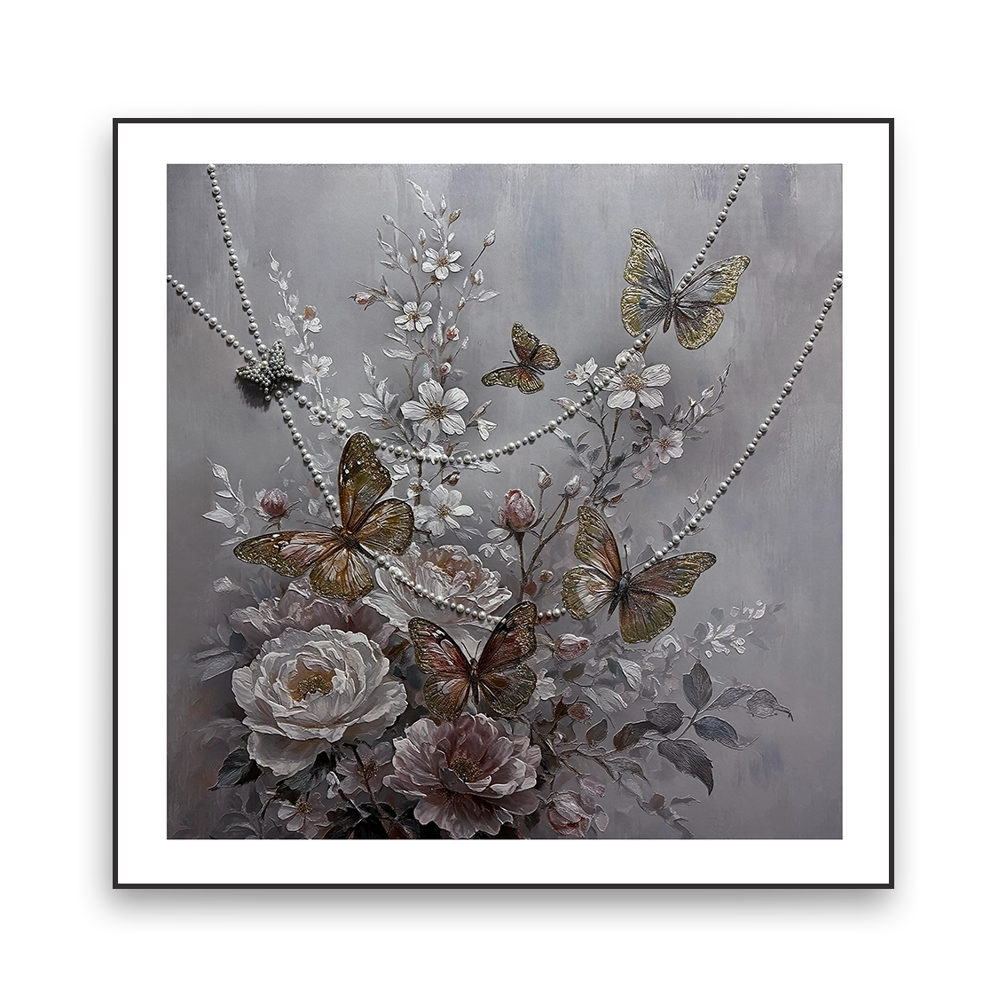 Luxury butterfly floral wall art with heavy texture and pearl inlay detail.