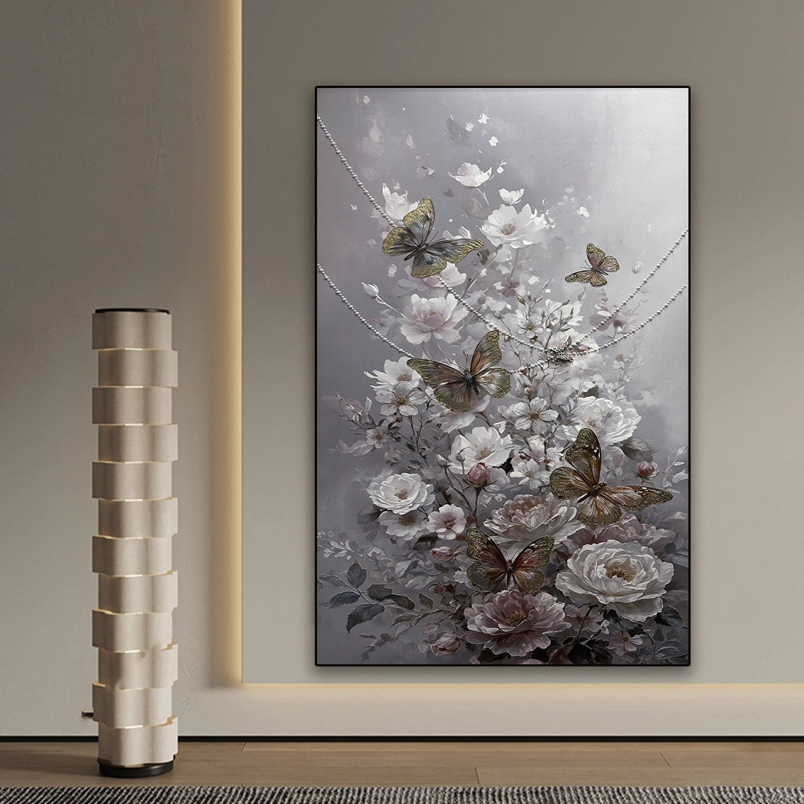 Luxury floral butterfly artwork with pearl inlay, enhancing minimalist home wall decor.