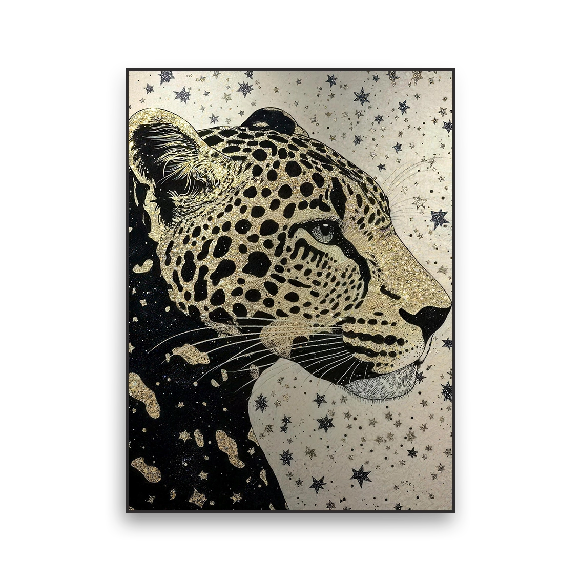 Luxury gold leopard wall art with heavy texture and pearl inlay detail.