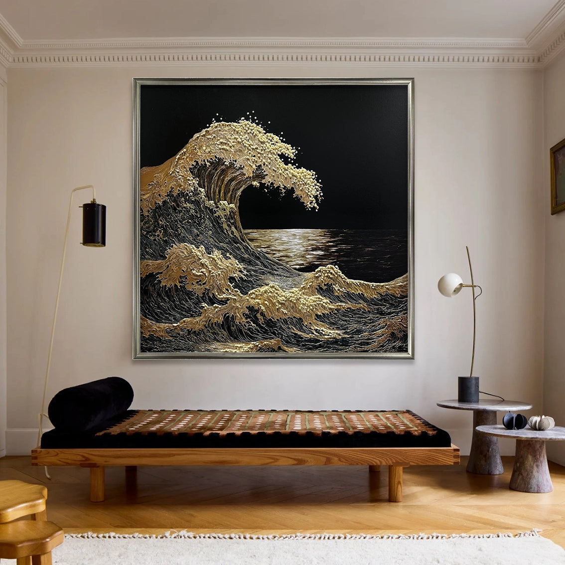 Luxury gold wave wall art with pearl inlay bringing elegant artistic décor to a contemporary living space.