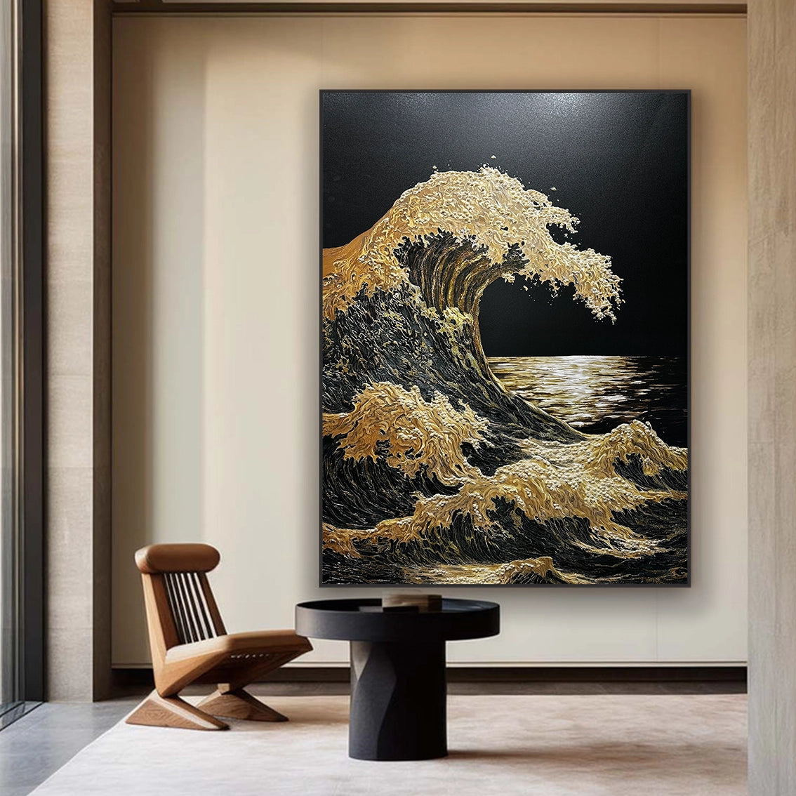 Luxury golden wave wall art for contemporary living room wall decor.