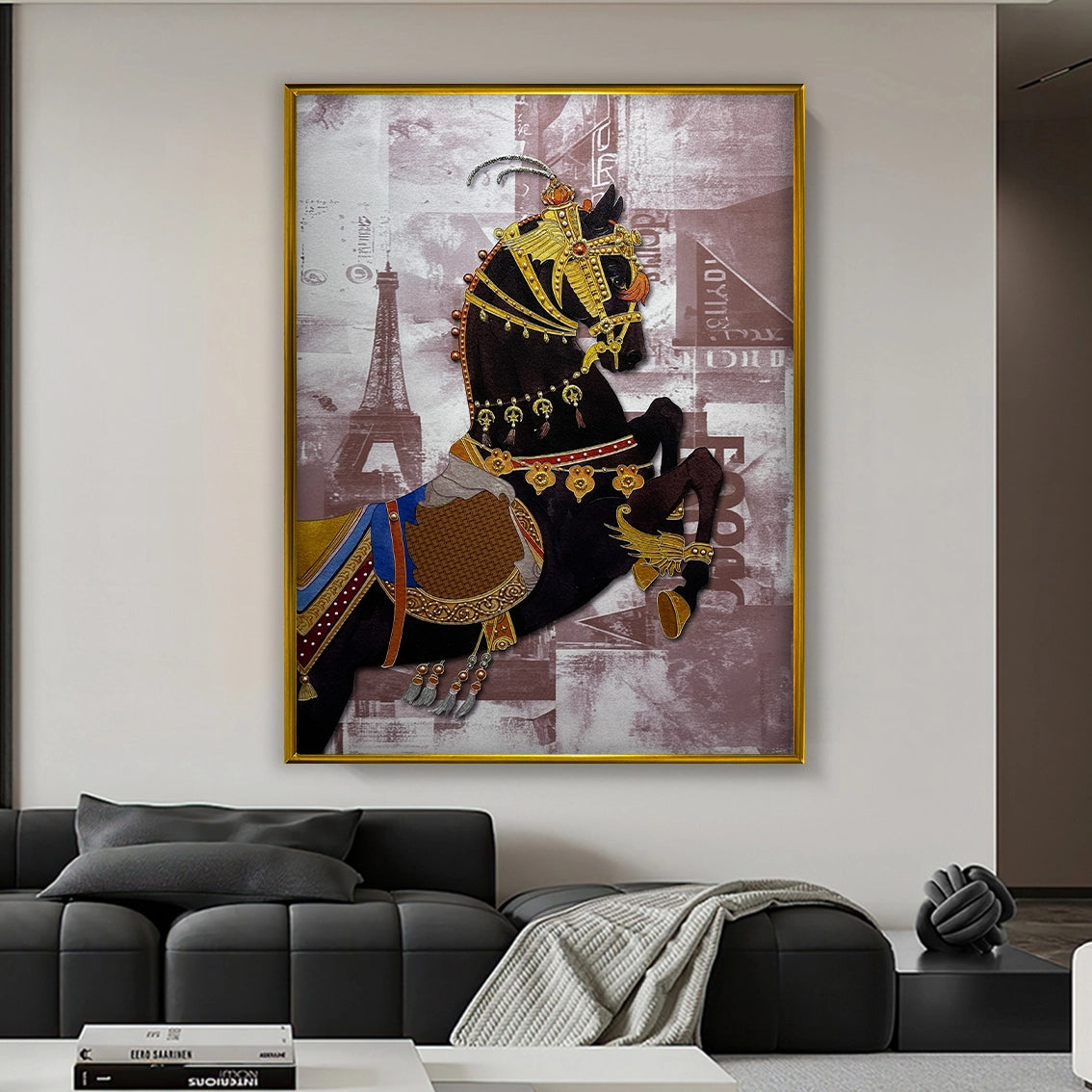 Luxury textured horse wall art with pearl inlay featured above a modern sofa for upscale home decor.