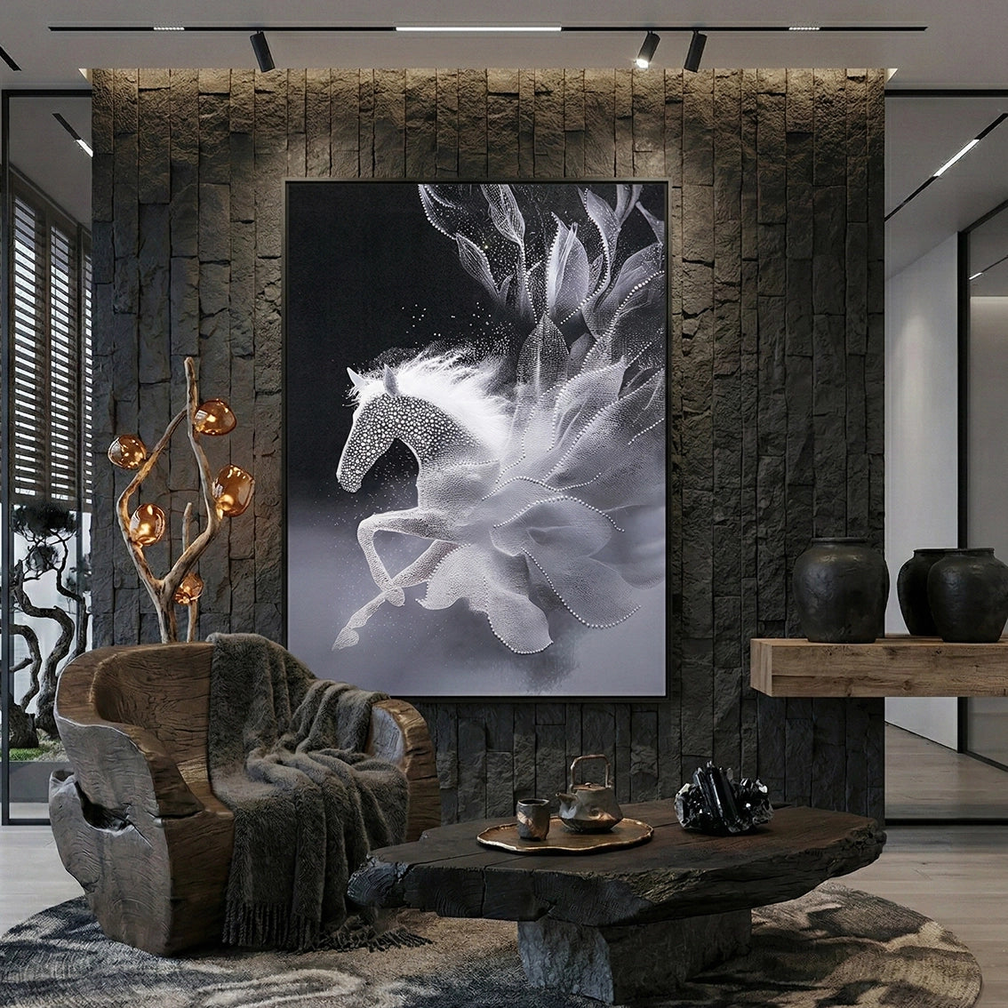 Luxury pearl horse wall art for contemporary living room decor.