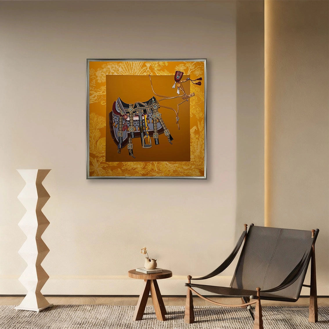 Luxury saddle pearl textured wall art in modern living room, detailed craftsmanship for elegant decor.