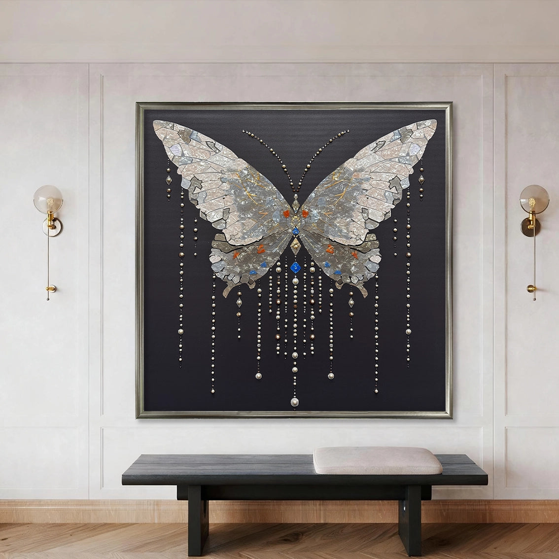 Luxury textured butterfly wall art with pearl details displayed in a modern interior setting.