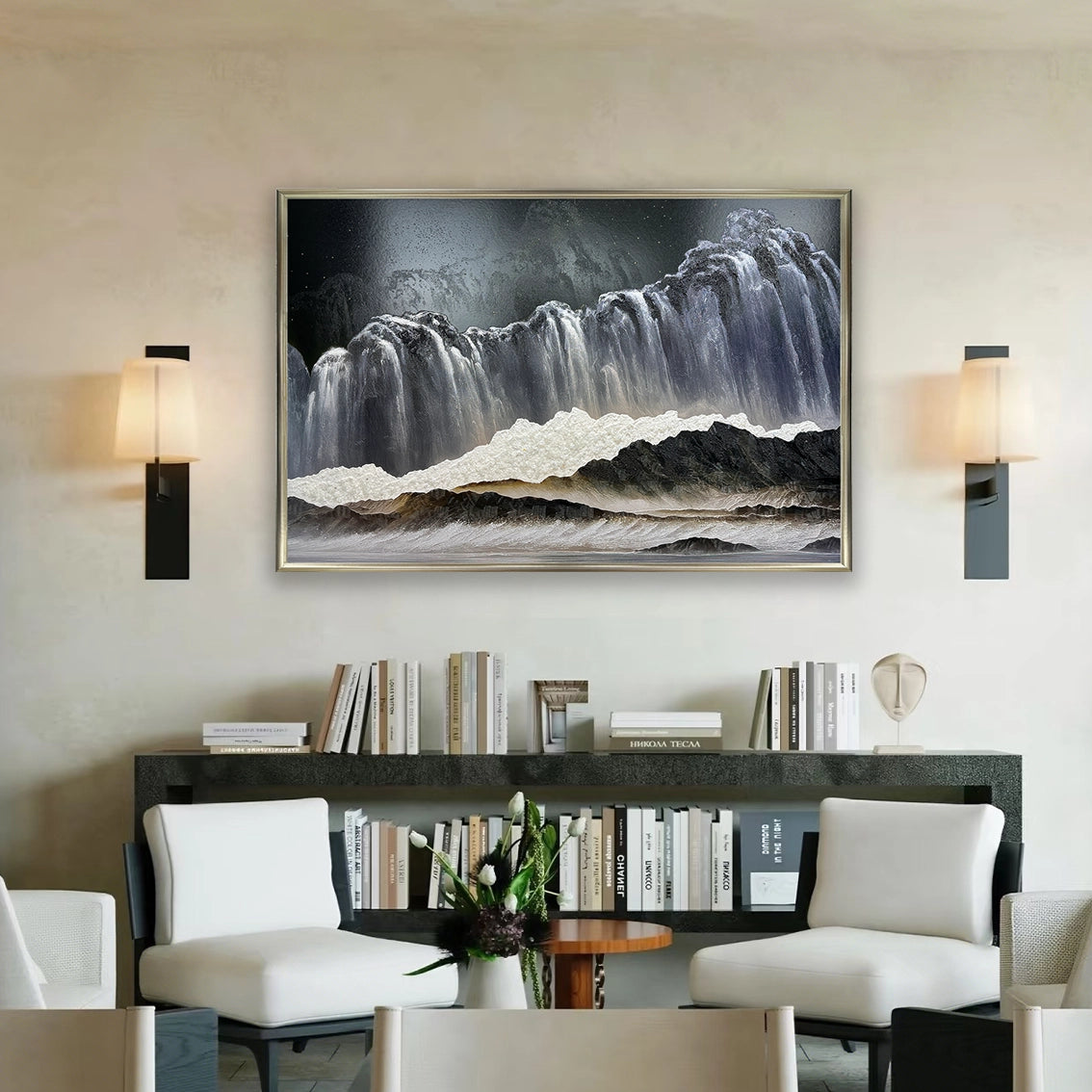 Crystal-embellished textured wall art showcased in a bright modern interior decor setting.