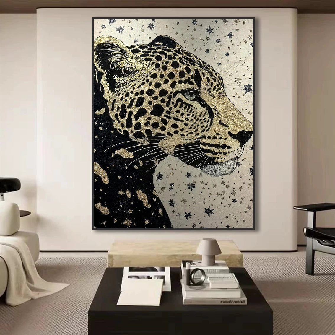 Luxury textured leopard wall art for living room wall decor with gold details.