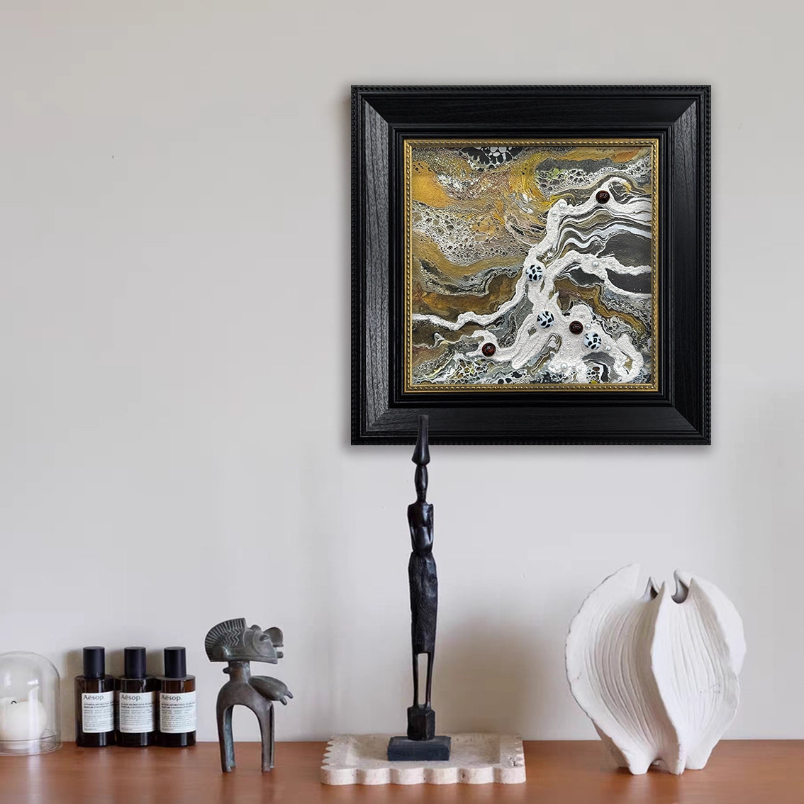 Luxury textured wall décor with pearl and crystal inlay, abstract art in gold and silver tones for elegant interiors.