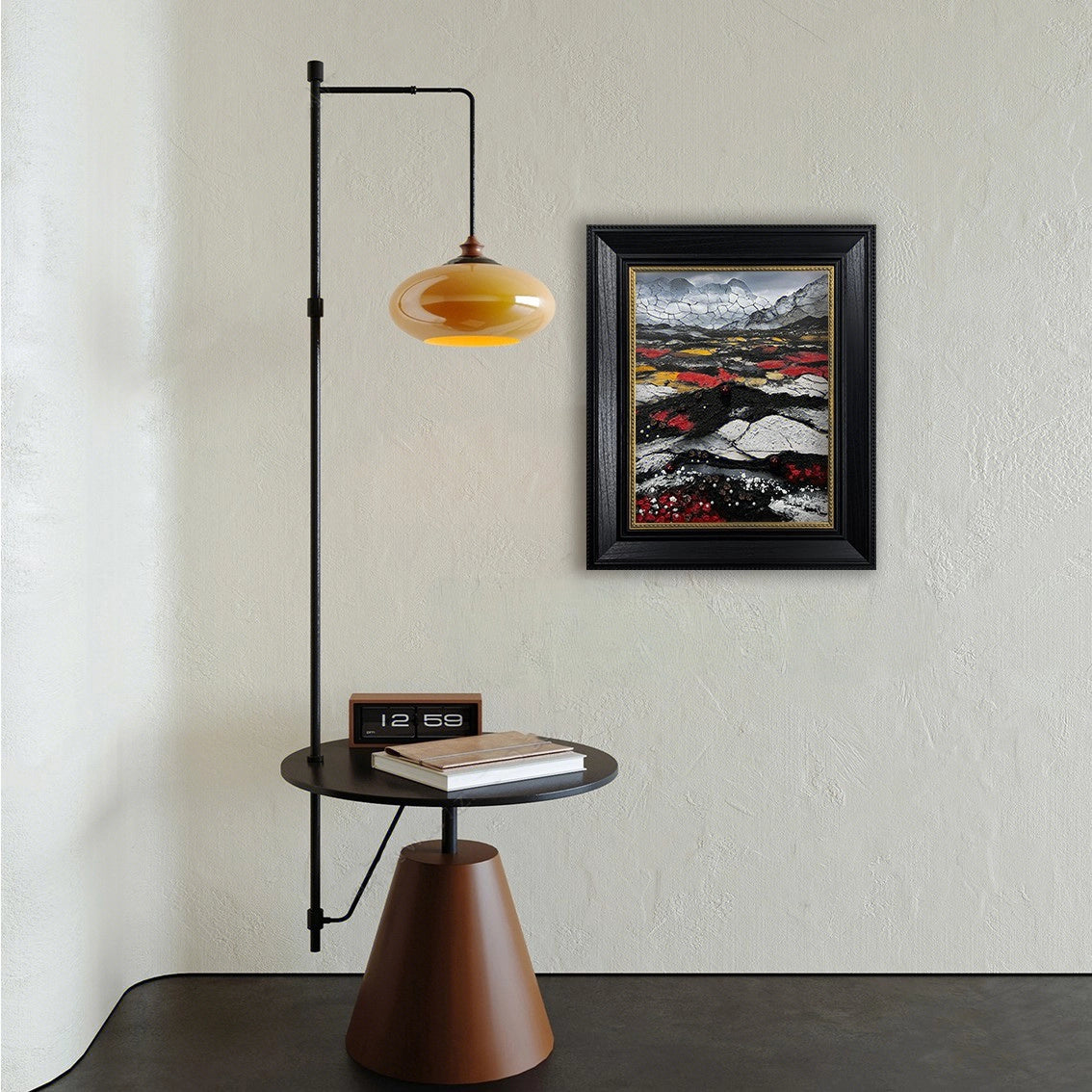 Luxury wall art with pearl inlay in minimalist living room. Adds sophistication to décor.