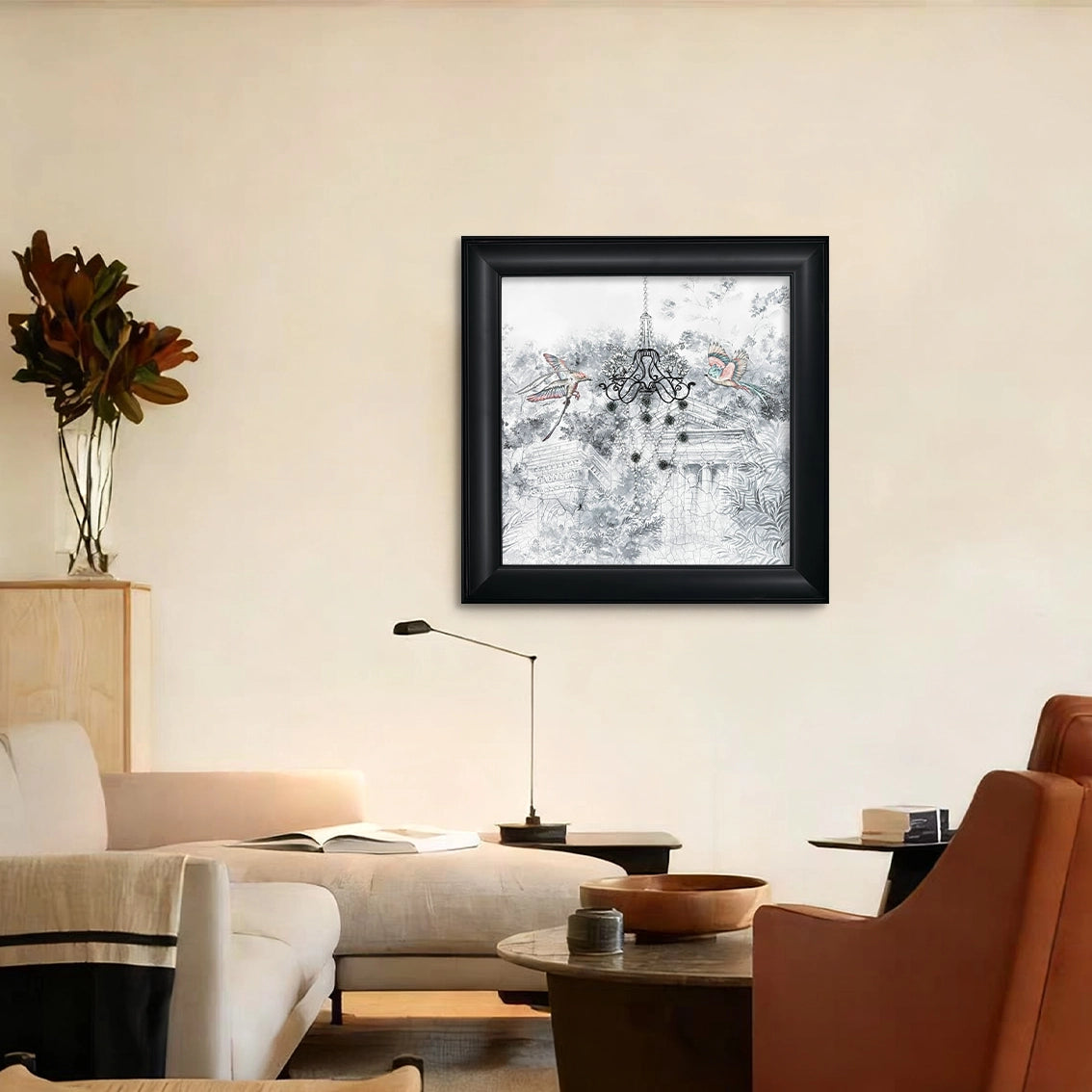 Minimalist wall art with chandelier and birds, textured details, and pearl inlay. Ideal for modern abstract wall décor.