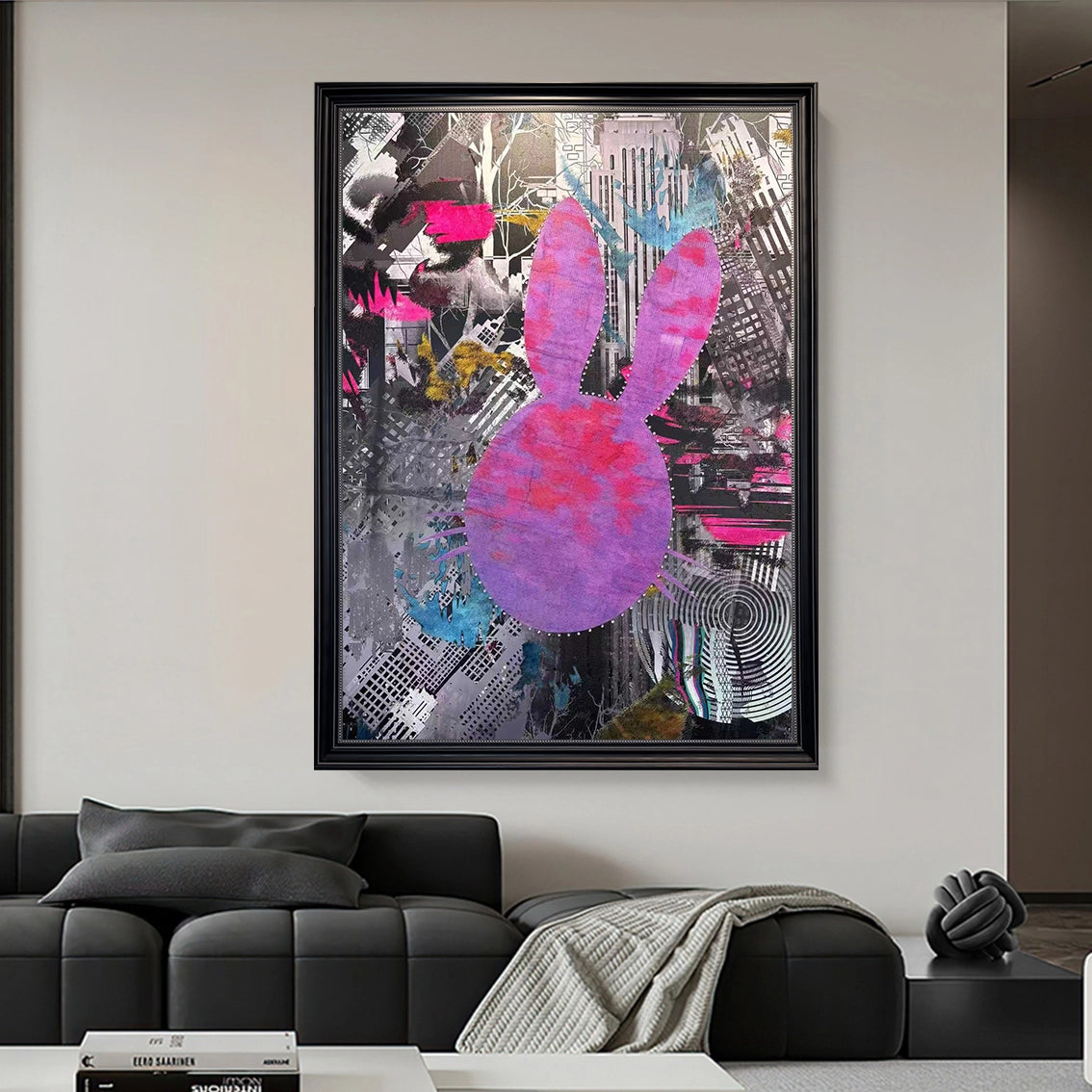 Modern abstract bunny wall art with bold colors, adding vibrant decor to a contemporary living room.