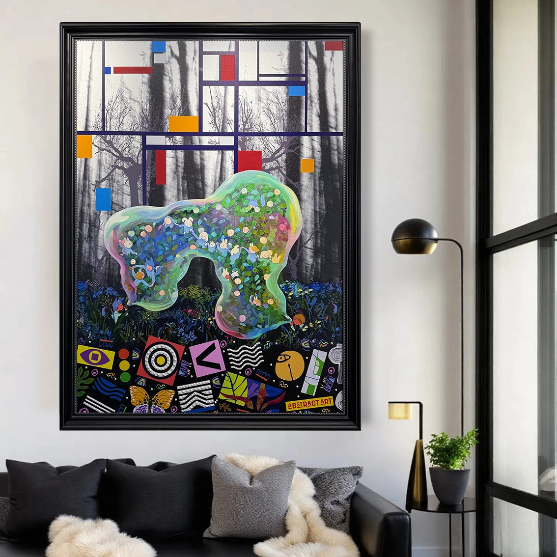 Modern abstract wall art with textured and pearl accents hanging in a bright contemporary room.